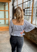 Load image into Gallery viewer, Ruffled Puff Sleeve Top in Blue/Gray