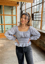Load image into Gallery viewer, Ruffled Puff Sleeve Top in Blue/Gray