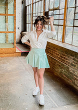 Load image into Gallery viewer, Twirl Into Me Mini Jean Tennis Skirt in Light Mint