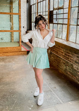 Load image into Gallery viewer, Twirl Into Me Mini Jean Tennis Skirt in Light Mint