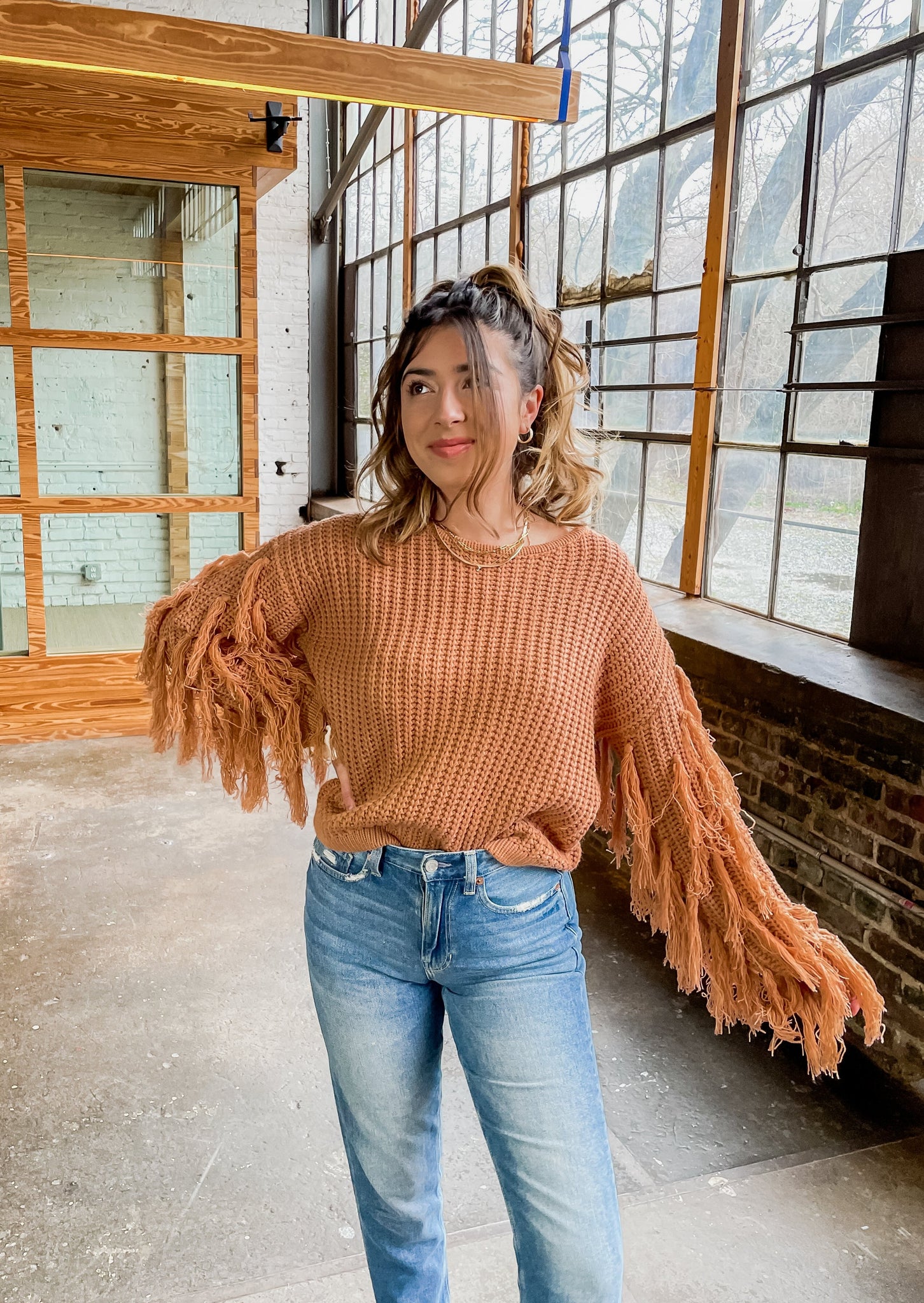 Fringe discount sleeve sweater